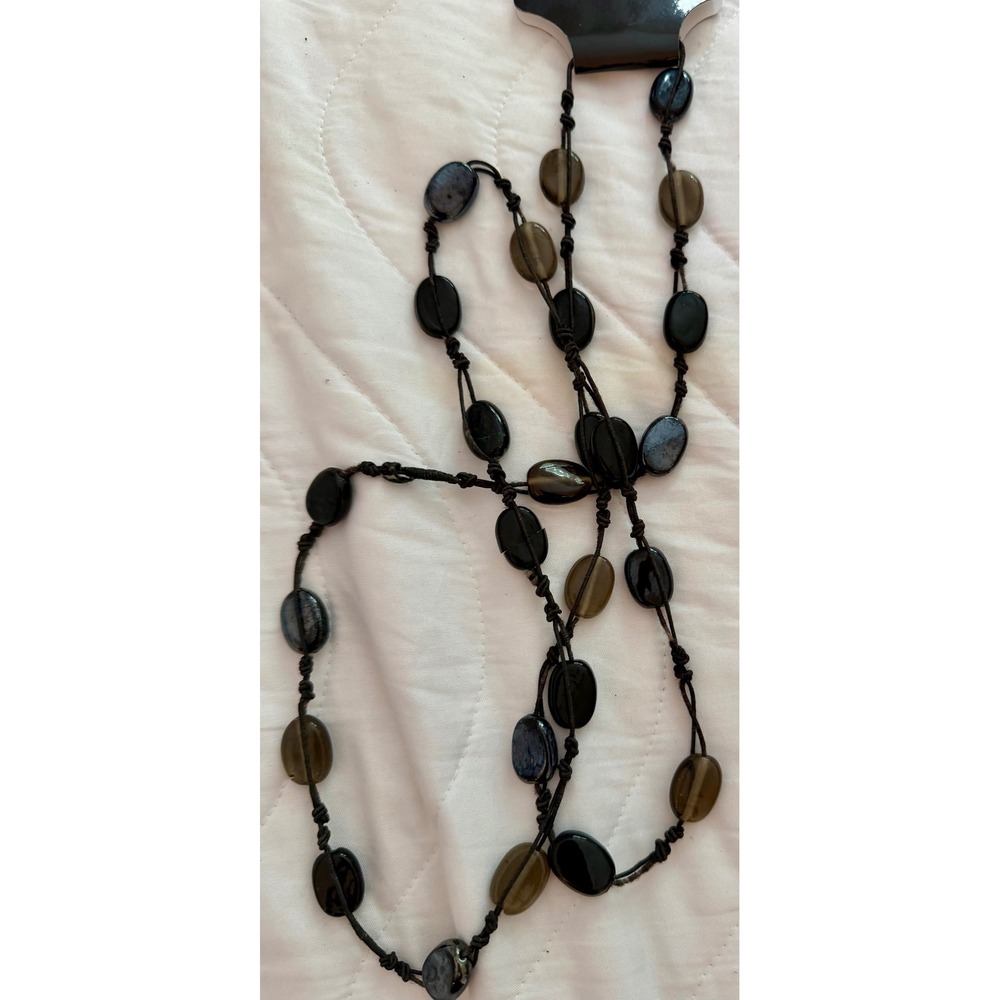 Boho Knotted Long Strand Necklace Black Smoky Brown Oval Stone Beaded Layering - Picture 3 of 3